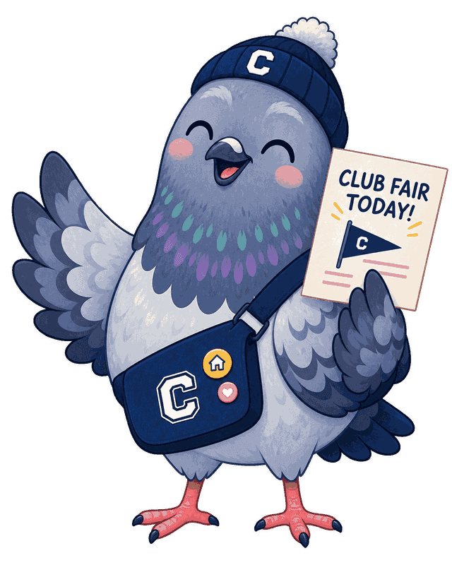 Clubhouse pigeon holding a Club Fair Today sign