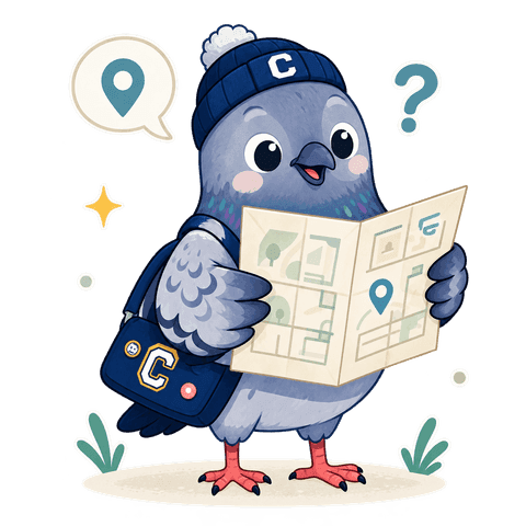 Clubhouse pigeon reading a campus map